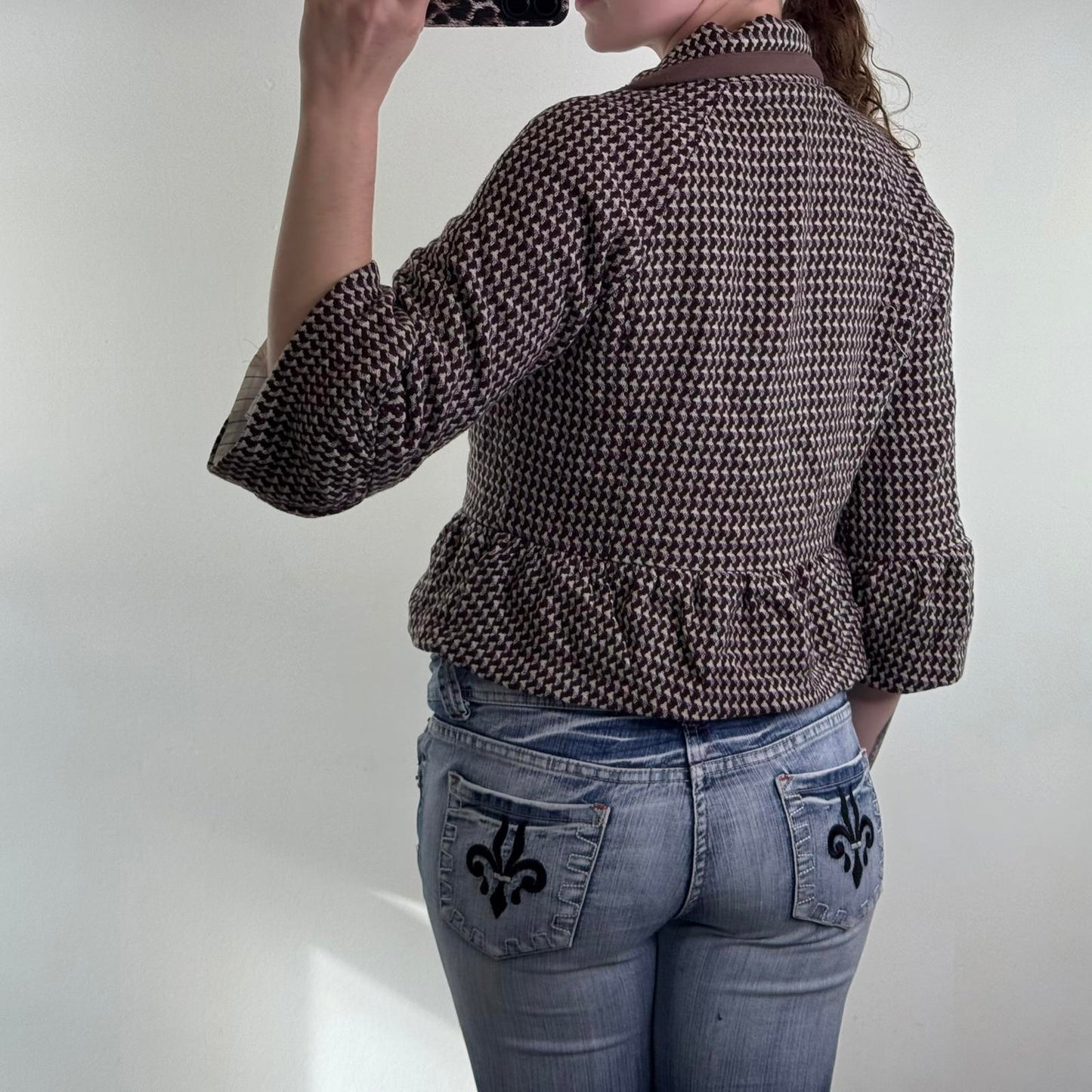 Y2K vintage wool blend cropped jacket frill flare hem v neck tailored pea