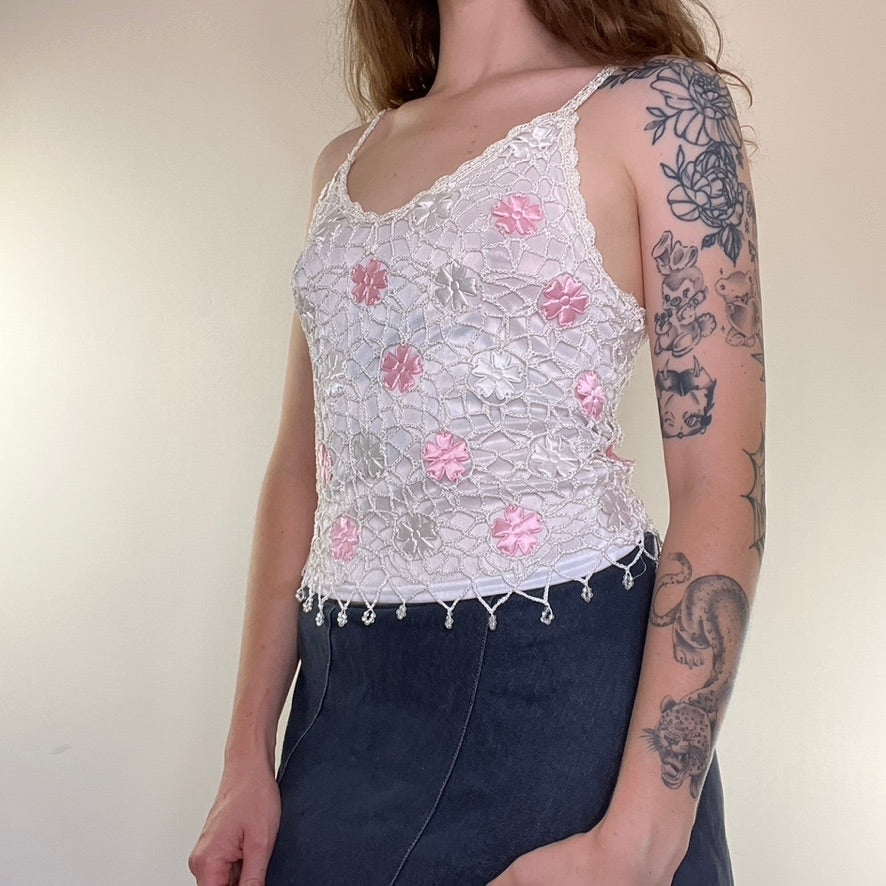 Y2K flower crochet cami top