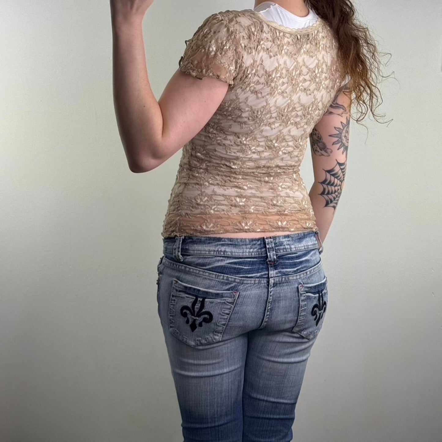 Y2K vintage Per Una mesh floral lace deep v neck top sheer frill short sleeve
