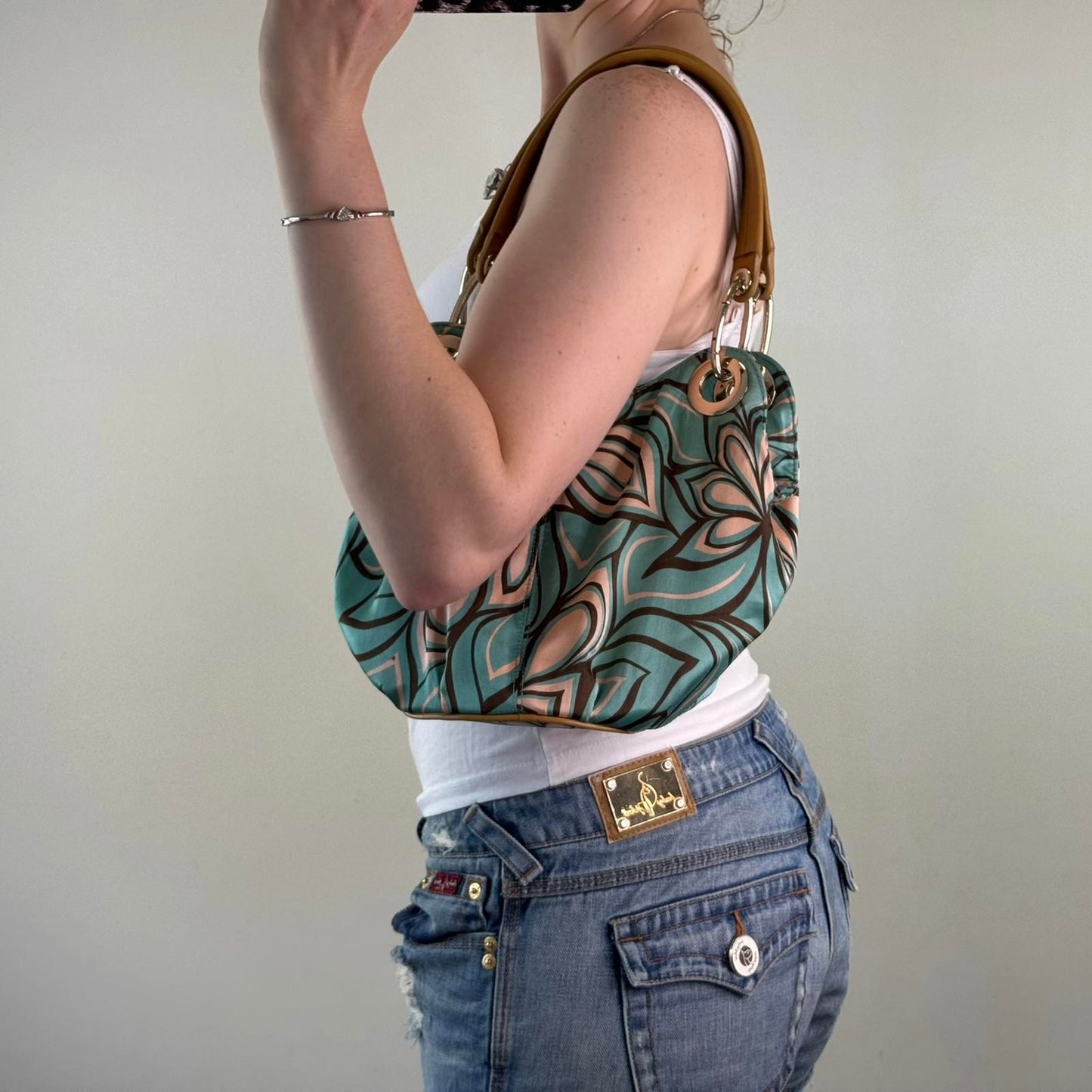 Y2K vintage 100% silk abstract pattern shoulder bag circle base small mini blue