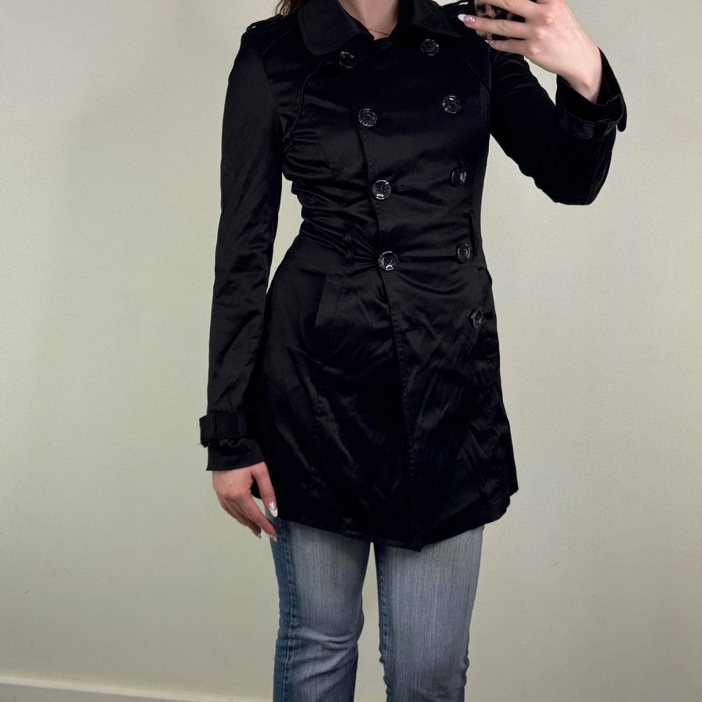 Vintage Jane Norman trench jacket short black satin button up double breasted