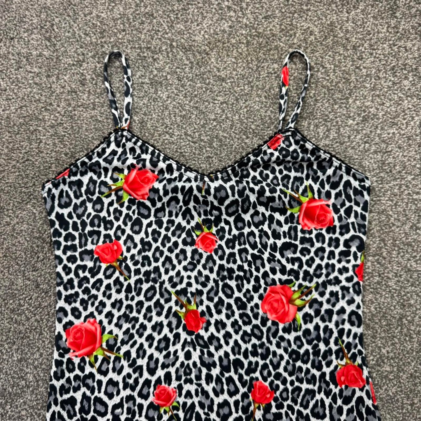 Y2K vintage slinky leopard print rose floral midi dress stretchy fitted strappy