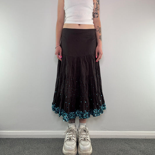 Y2K sequin tiered boho maxi skirt