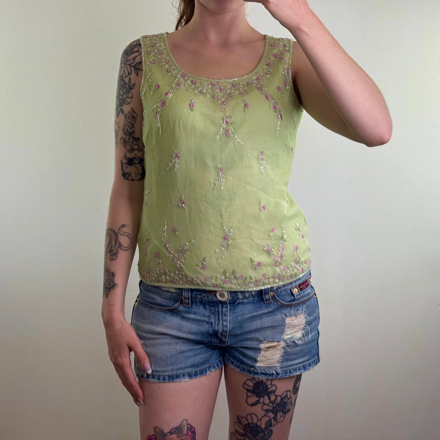 Y2K vintage 100% silk shell sleeveless blouse floral embroidered beaded sequin