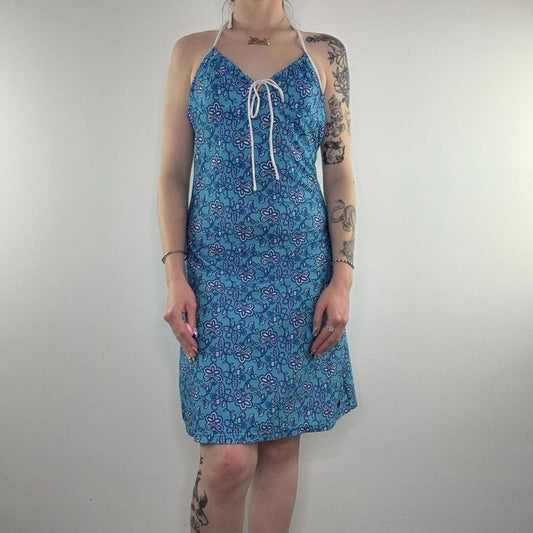 Y2K vintage swim cover up dress halter neck floral pattern midi bow a line