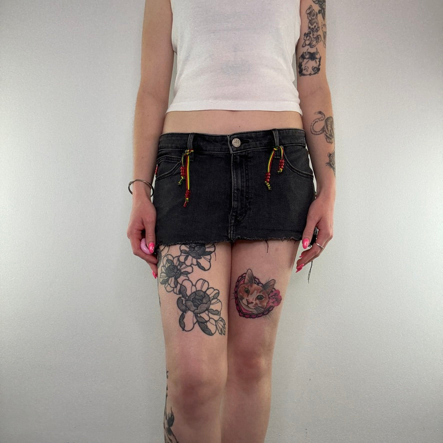 Y2K low rise micro rasta beaded dark grey faded denim mini skirt