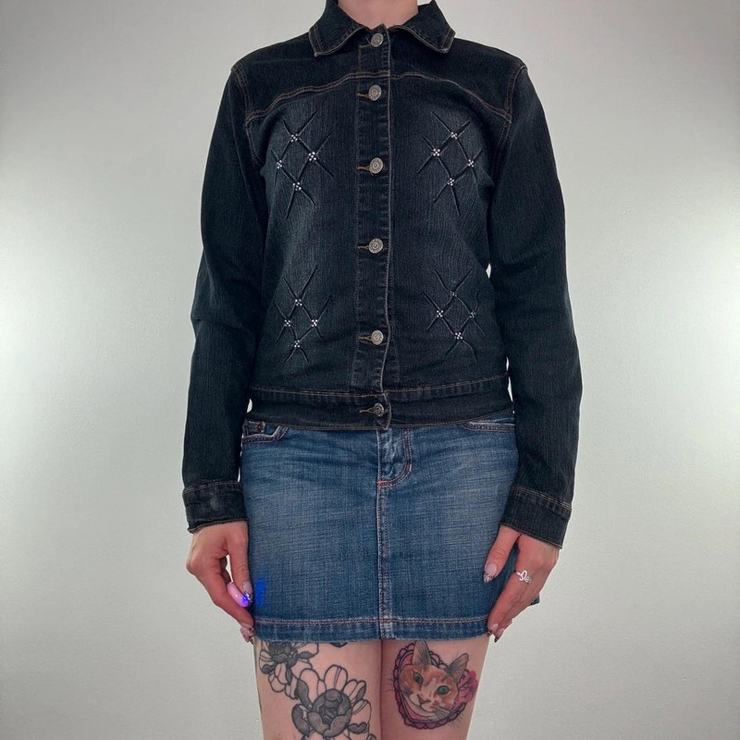 Y2K vintage rhinestone sparkle faded navy denim jacket dark wash button up