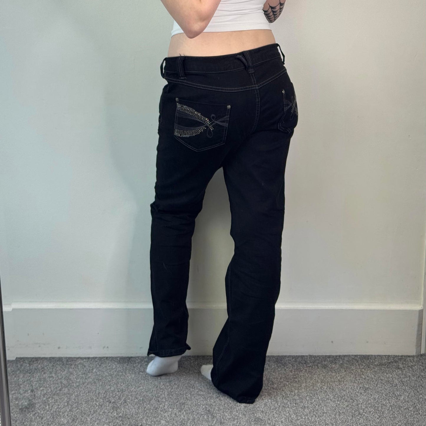 Y2K vintage low rise bootcut jeans black denim contrast stitch rhinestone pocket