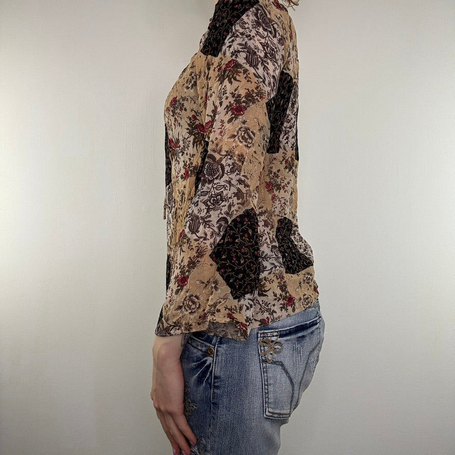 Y2K vintage blouse top sheer floral flared sleeve bow boho