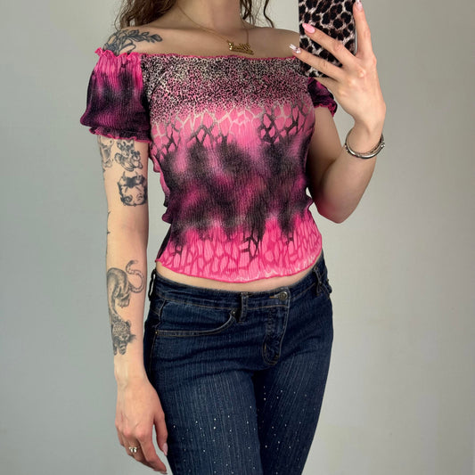 Y2K vintage stretchy off the shoulder leopard print giraffe ombre short sleeve
