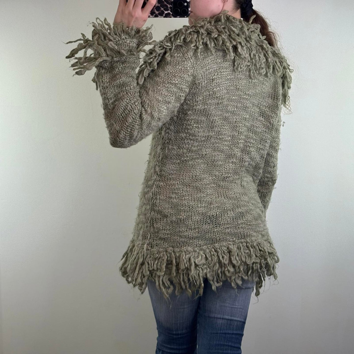 Y2K vintage wool blend shaggy chunky knit cardigan v neck mid length boho