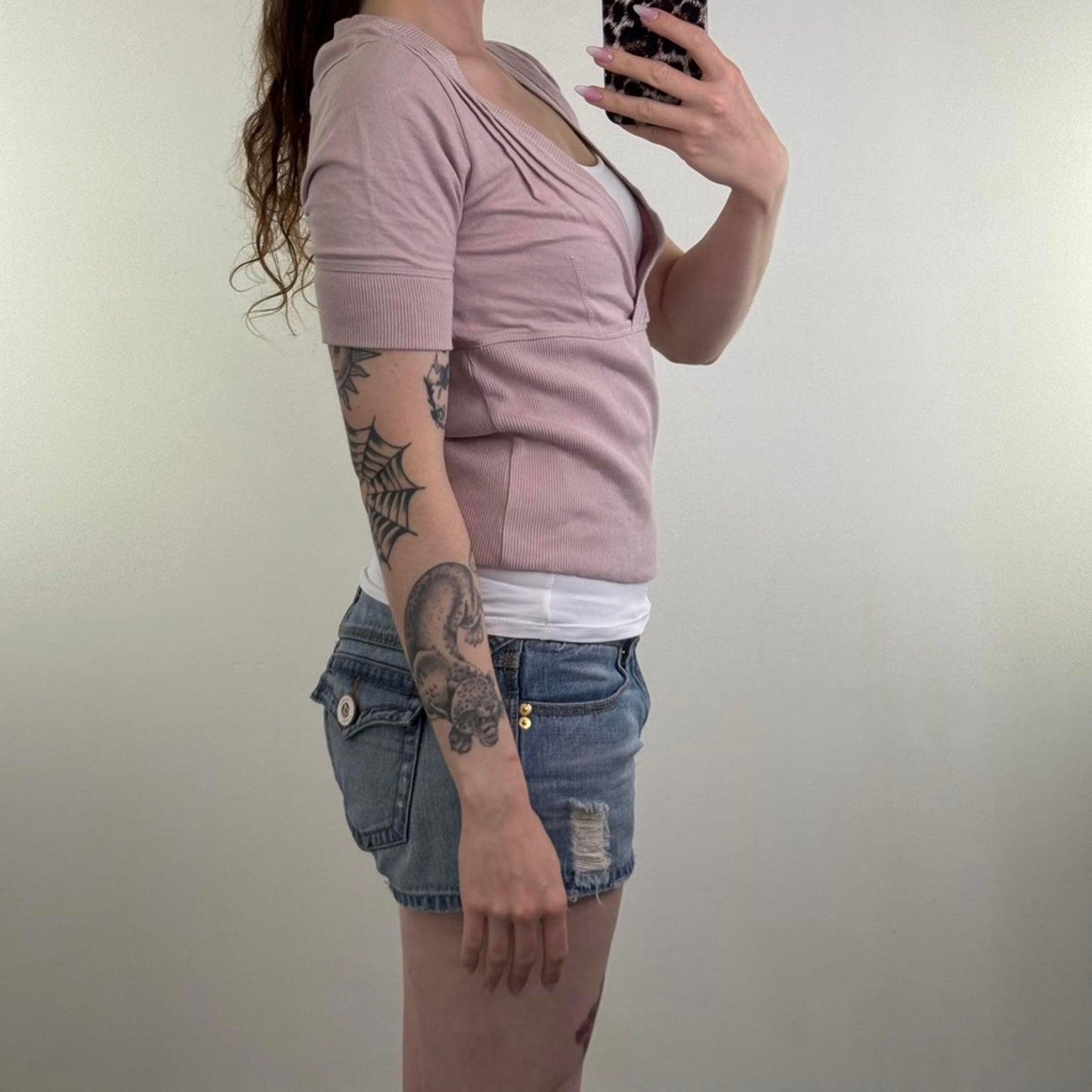 Y2K vintage short sleeve jumper sweatshirt v neck ribbed dusty pink