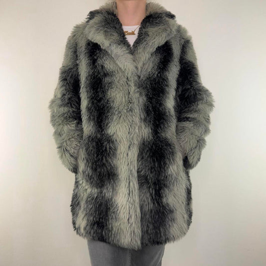 Y2K vintage faux fur mid length coat grey black side pockets stripe warm winter