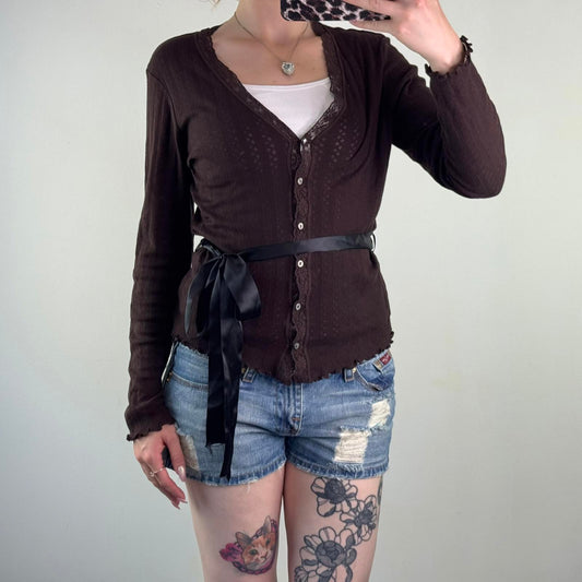 Y2K vintage fine knit button up cardigan satin bow v neck lace trim lettuce hem