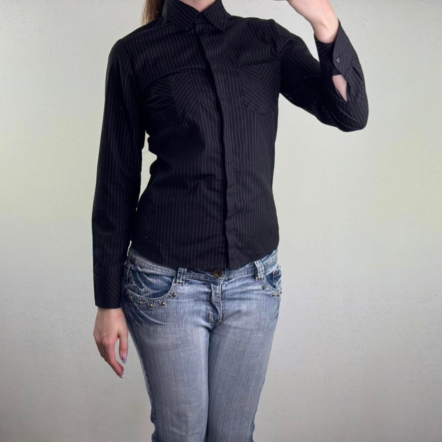 Y2K vintage pinstripe long sleeve shirt button up black purple stripe