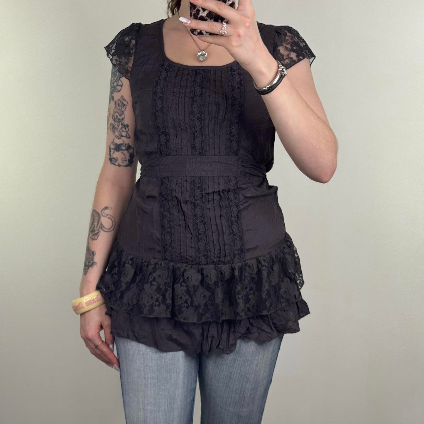 Y2K vintage coquette lace ruffle short sleeve blouse tie back bow layered tiered