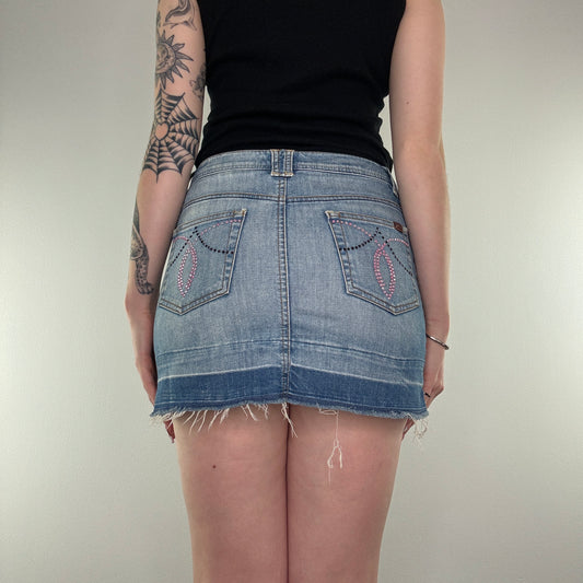 Y2K pink rhinestone faded denim mini skirt mcbling