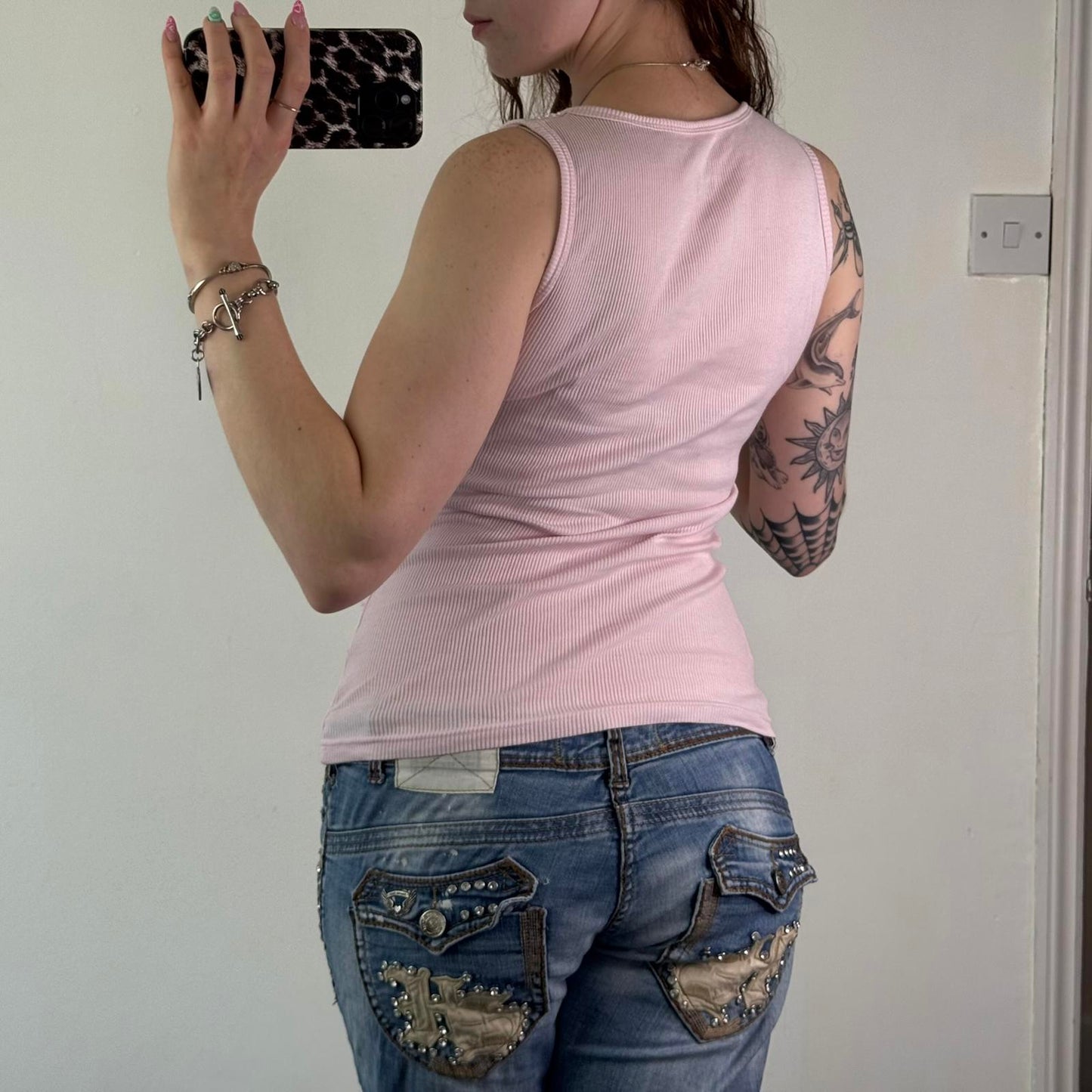 Y2K vintage sequin beaded embellished ribbed tank top round neckline baby pink