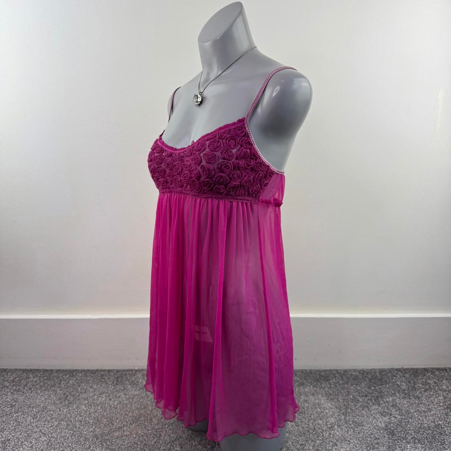 Y2K vintage mesh sheer babydoll pink dress strappy 3D rose floral mini short