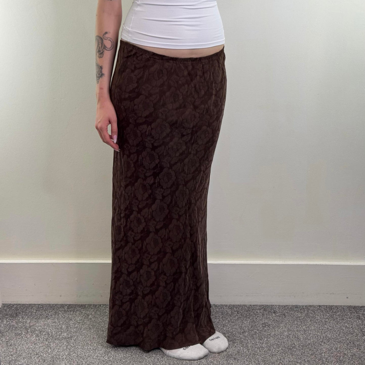 Y2K vintage stretchy floral maxi skirt brown cupro rose pattern a line flowy