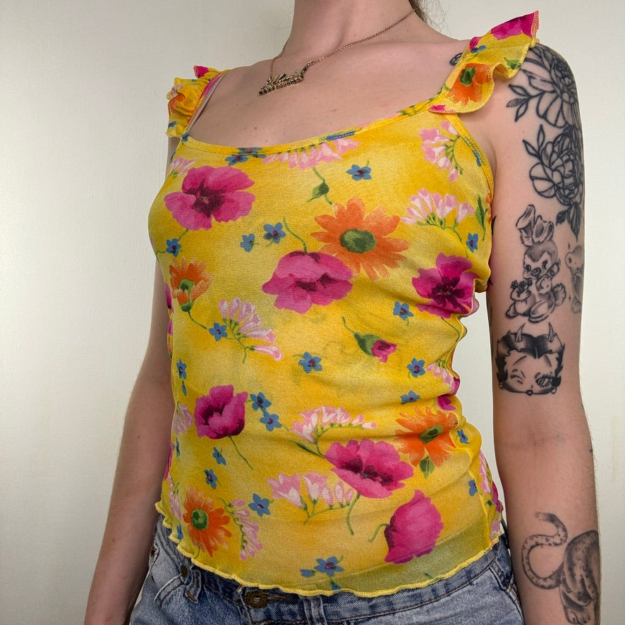 Y2K vintage mesh floral cami top frill lettuce hem