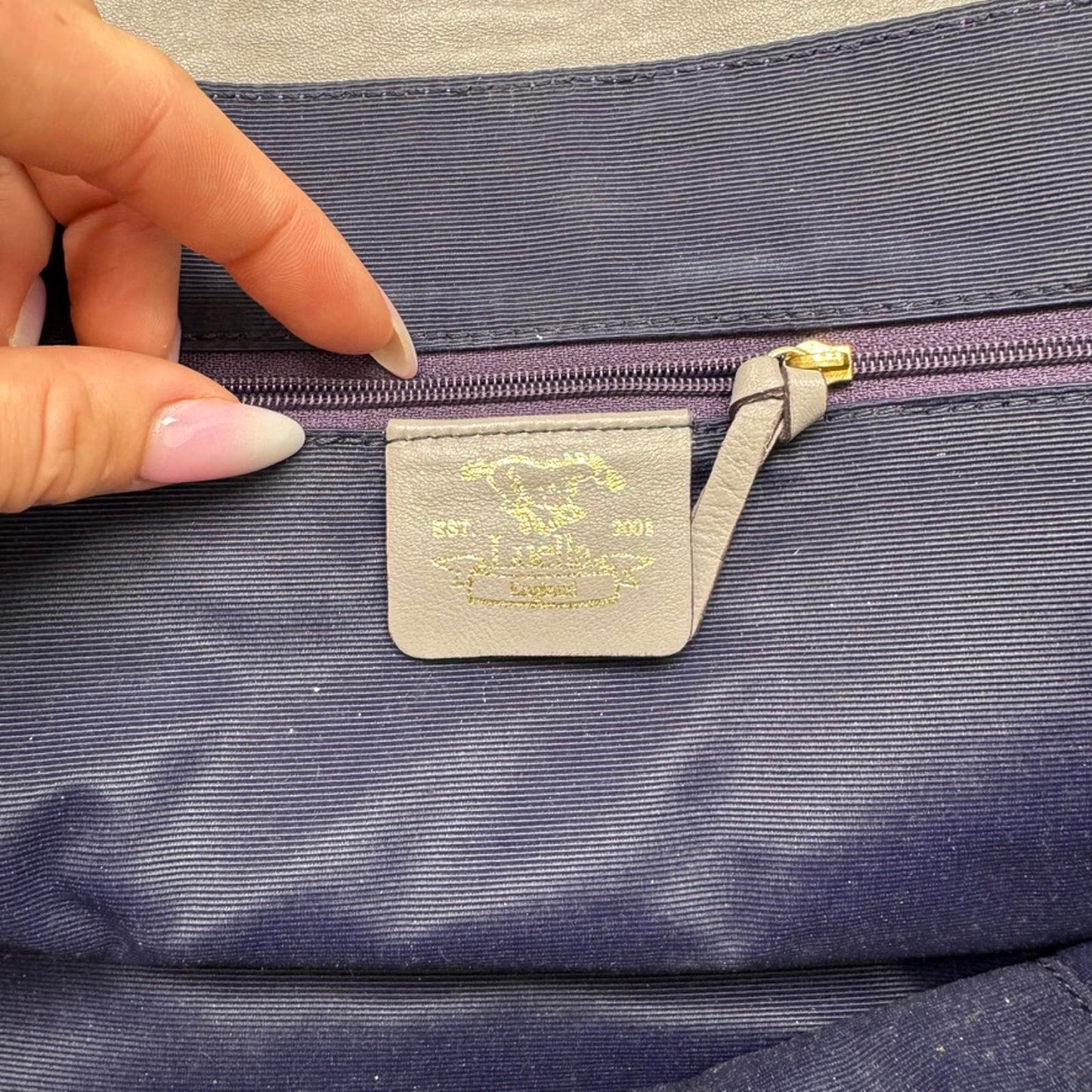 Luella Gisele large handbag grey purple genuine leather two tone grommet hearts