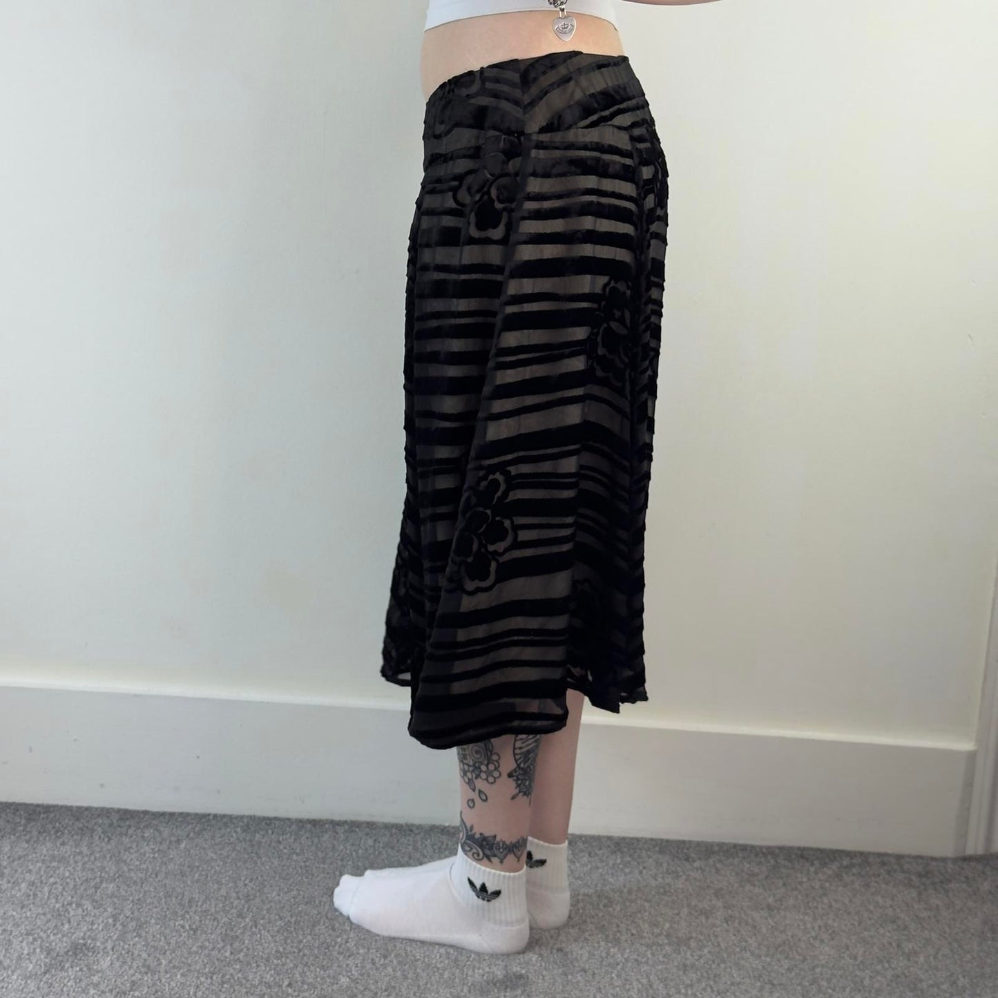 Y2K vintage part silk striped midi skirt a line black beige double overlay lined