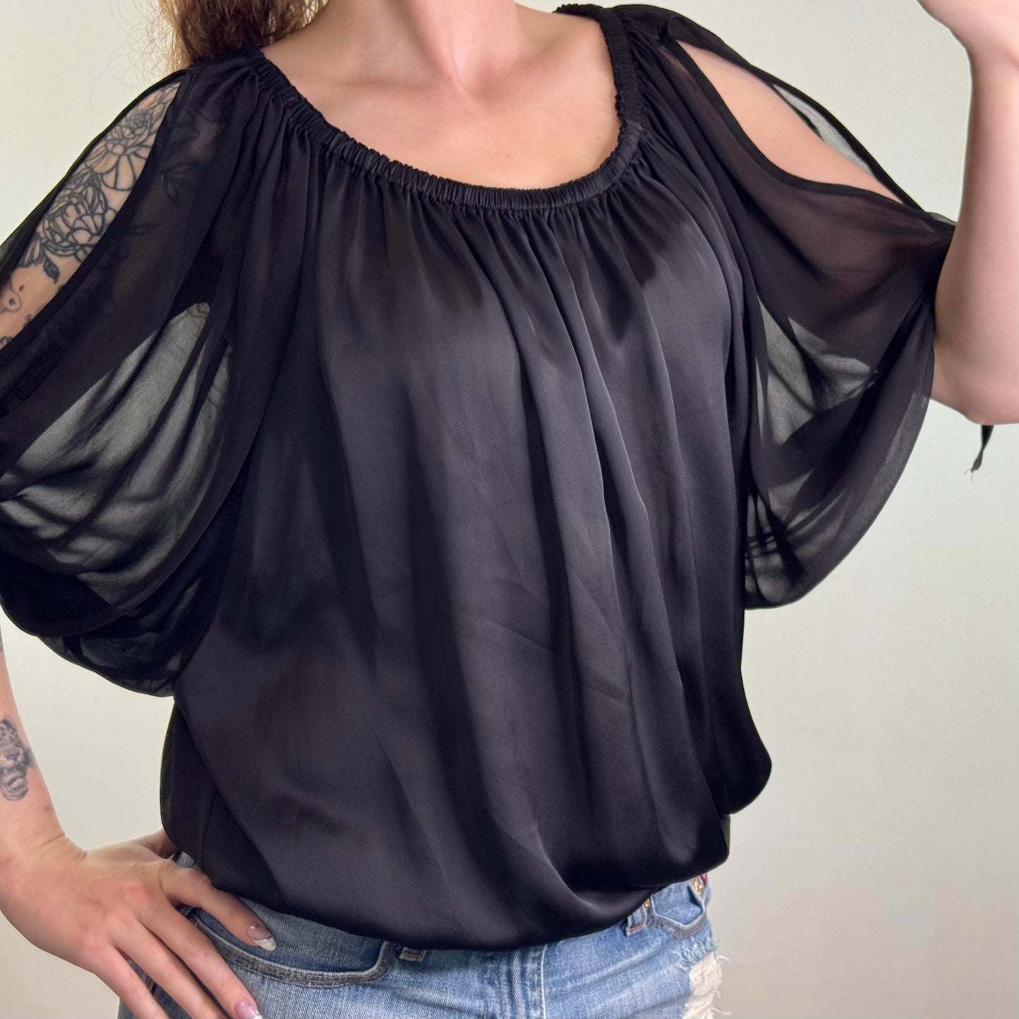 Y2K vintage batwing dolman blouse top elastic waistband sheer bow open shoulder