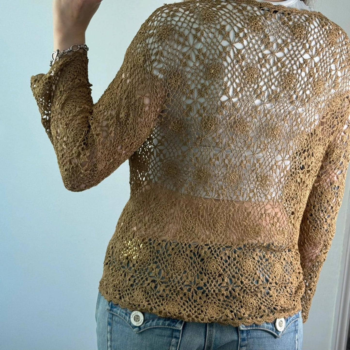 Y2K vintage crochet floral long sleeve cardigan boho tie bow front sheer summer