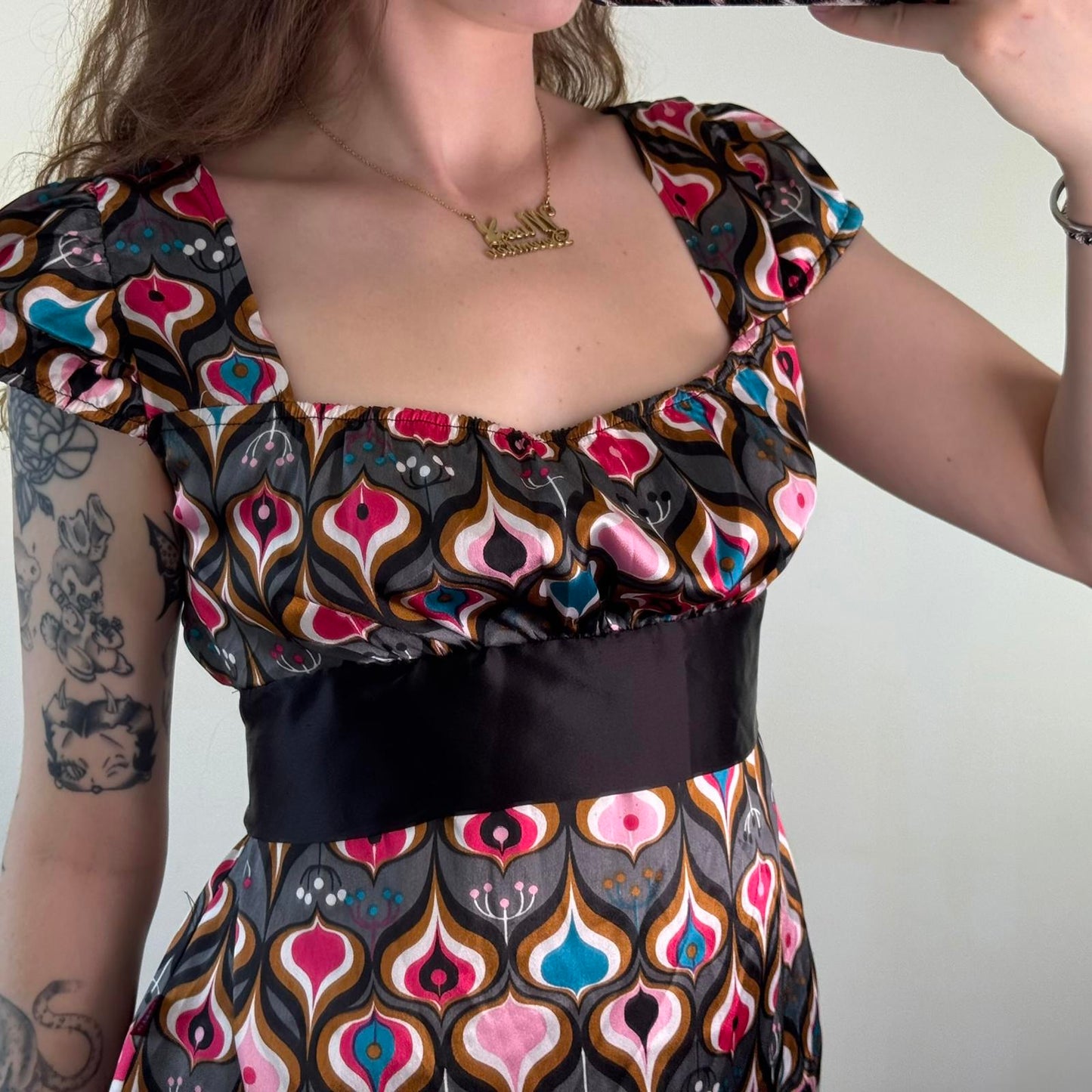 Y2K vintage babydoll top satin cap sleeve top bow open back square neck pattern
