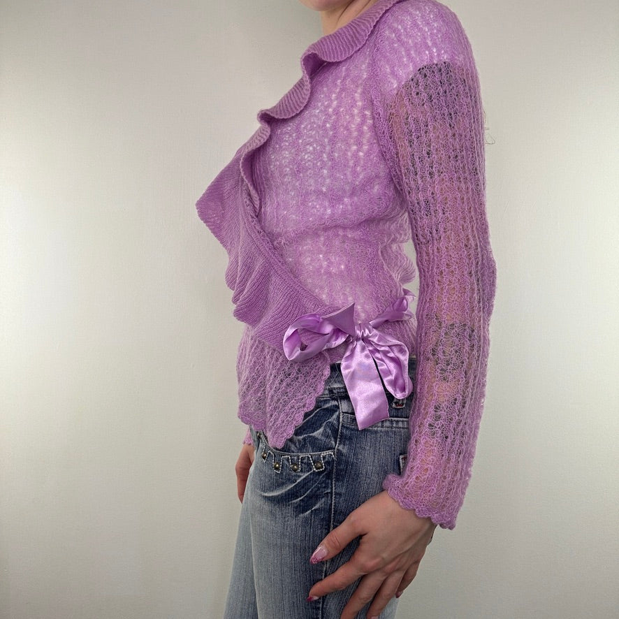 Y2K vintage crochet knit wrap around cardigan v neck long sleeve frill romantic