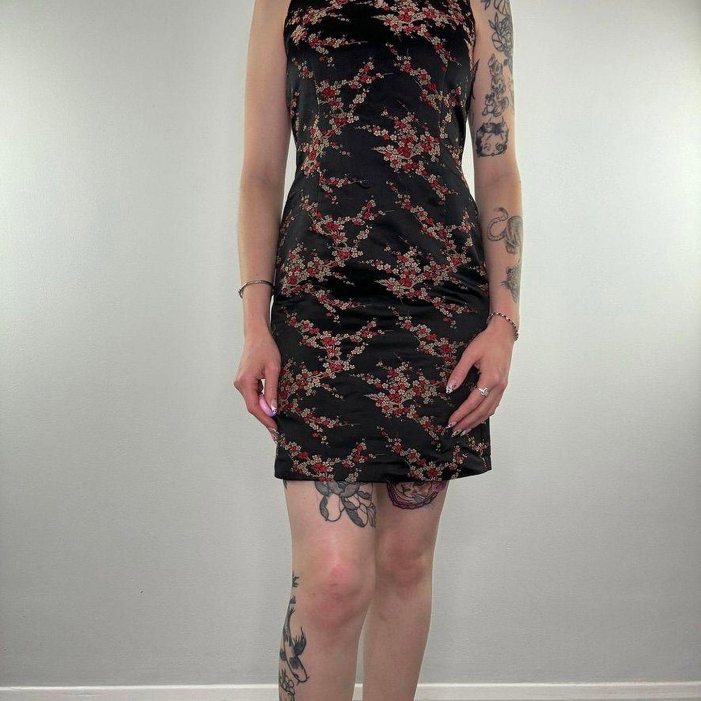 Y2K vintage satin style blossom floral keyhole mini dress oriental high neck