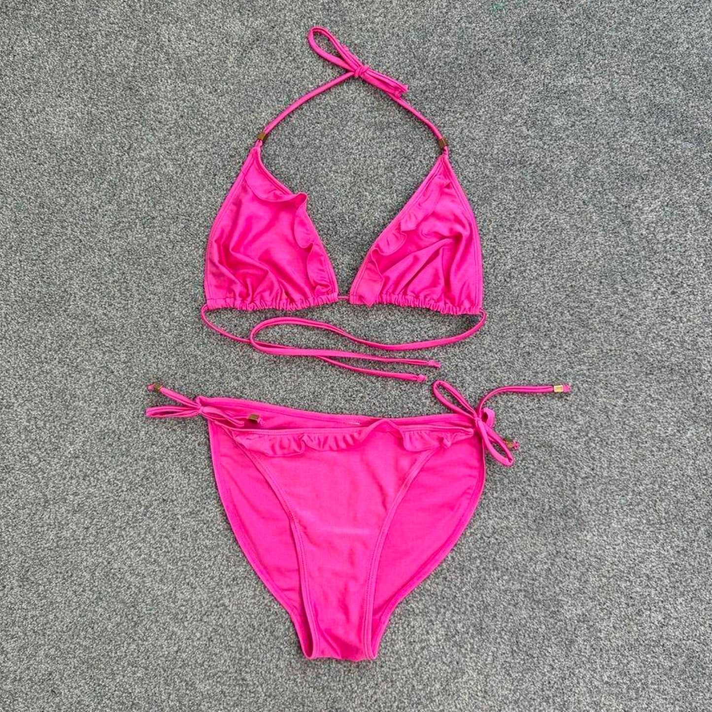 Y2K vintage shimmer matching bikini set halter neck ruffle frilly hot pink