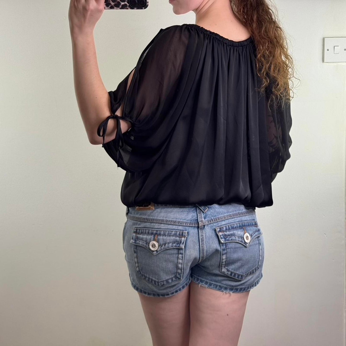Y2K vintage batwing dolman blouse top elastic waistband sheer bow open shoulder