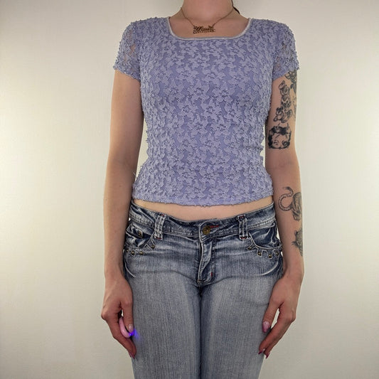 Y2K vintage floral fitted top style top lace square neckline baby tee crop