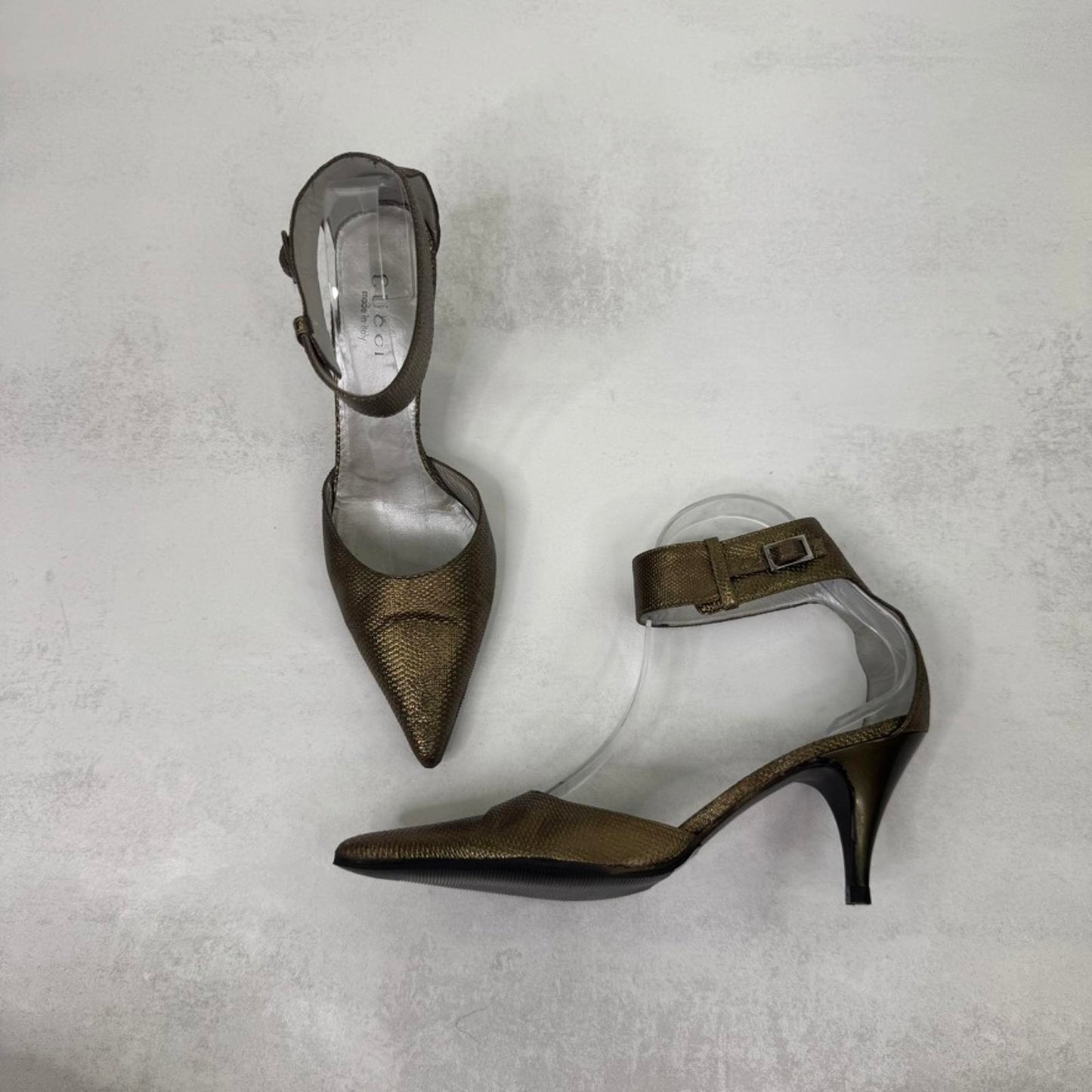 Y2K vintage Gucci by Tom Ford Gold Leather Heels with Ankle Strap Snake