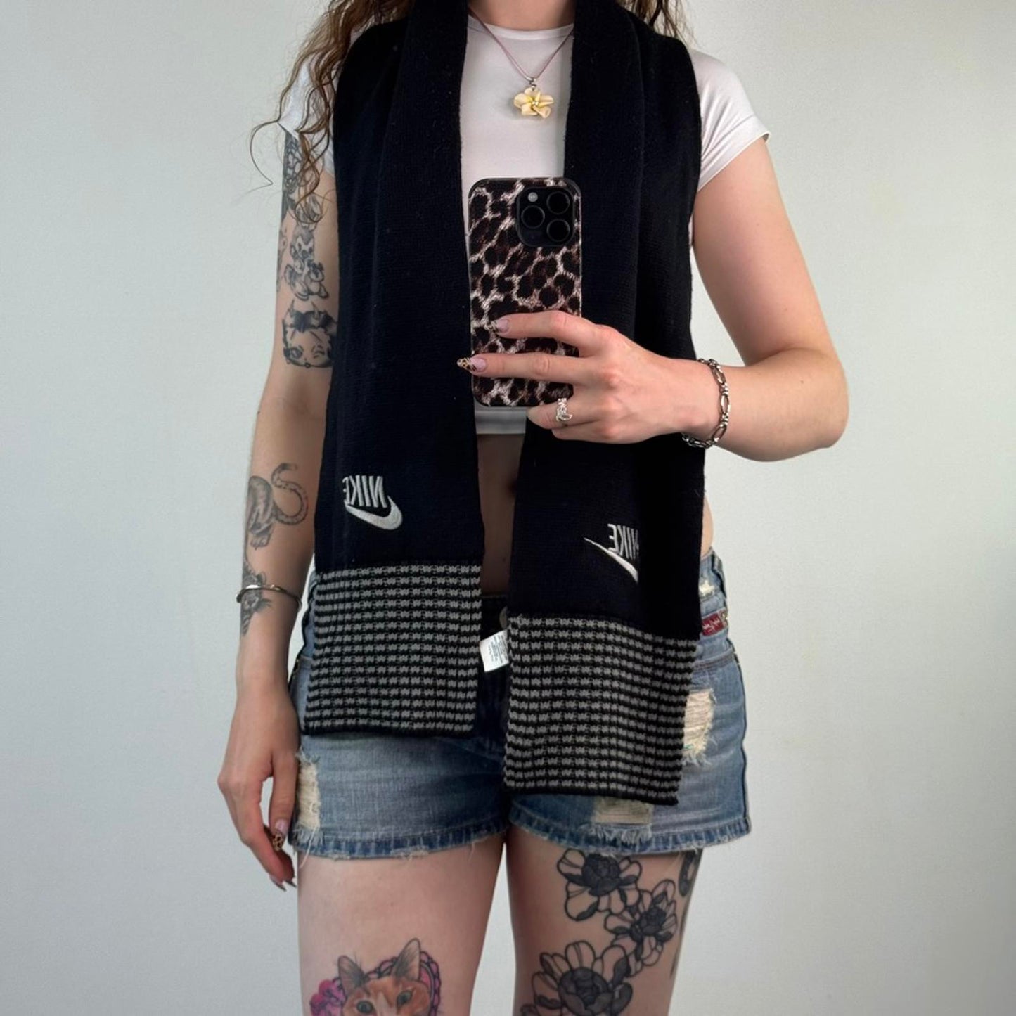 Y2K vintage Nike knit black grey stripe scarf unisex embroidered logo