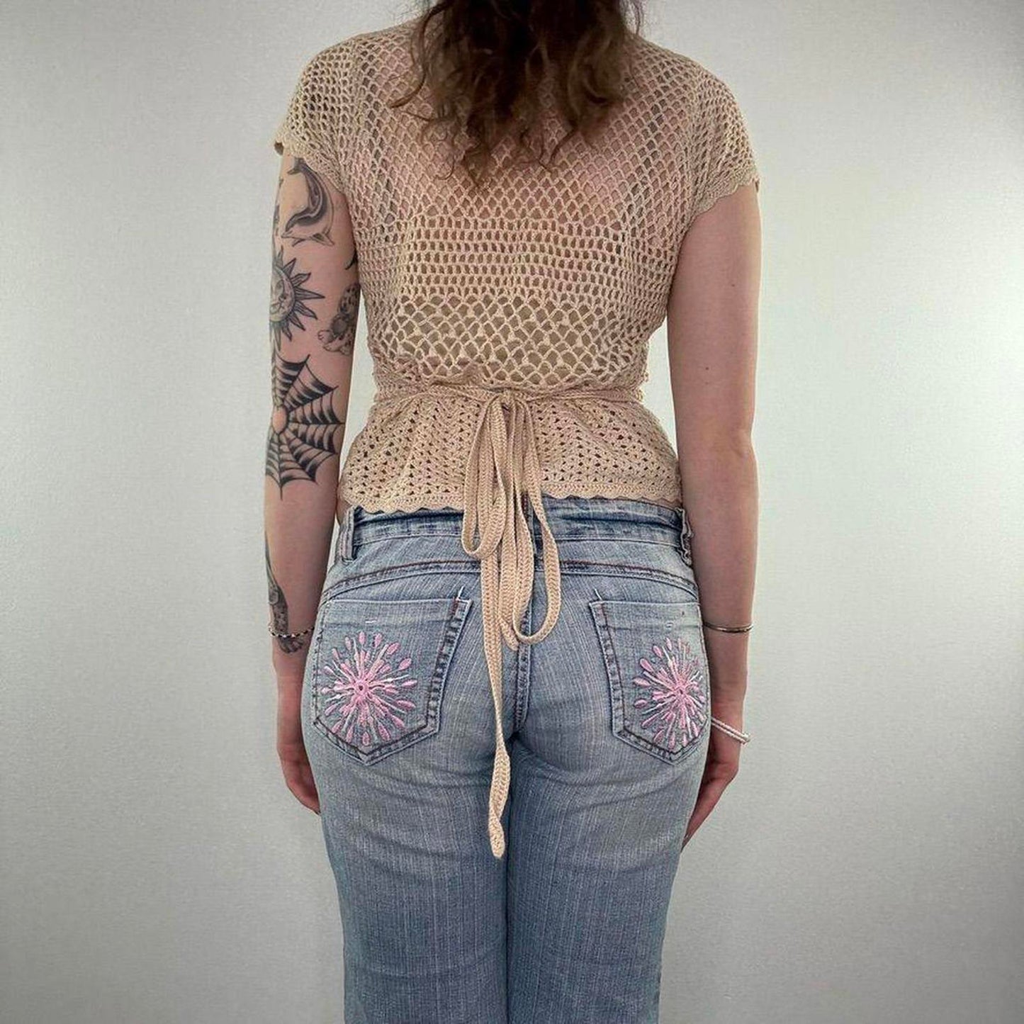 Y2K vintage crochet wrap around short sleeve cardigan v neck beige tie back bow