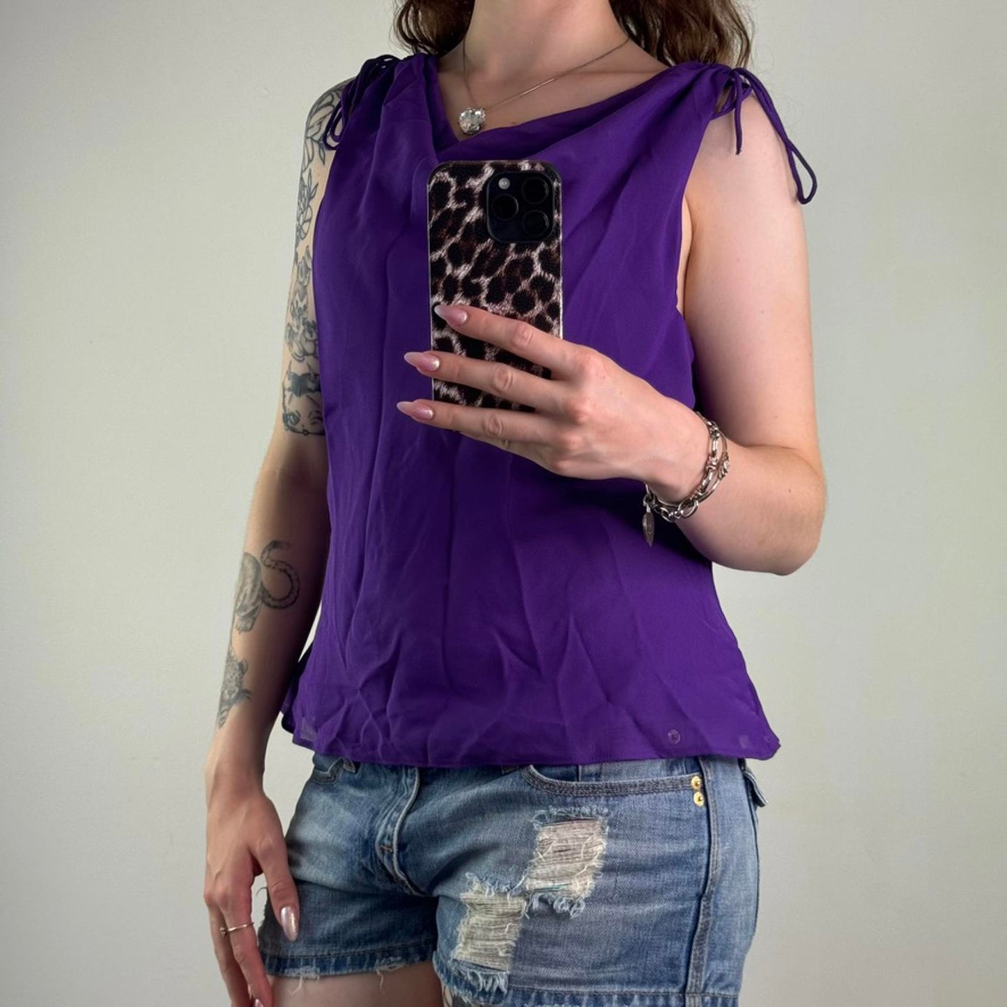Y2K vintage cowl neck tank top ruched bow double layer sheer sleeveless