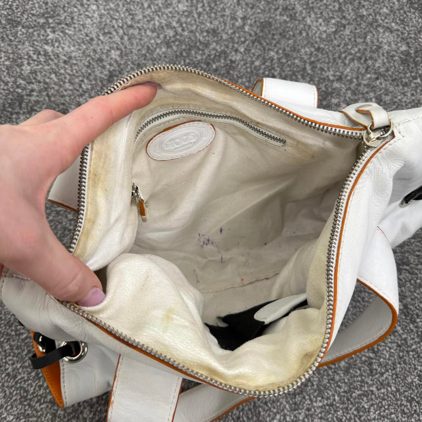 Y2K vintage Tod's genuine leather small shoulder bag lace up sides white orange