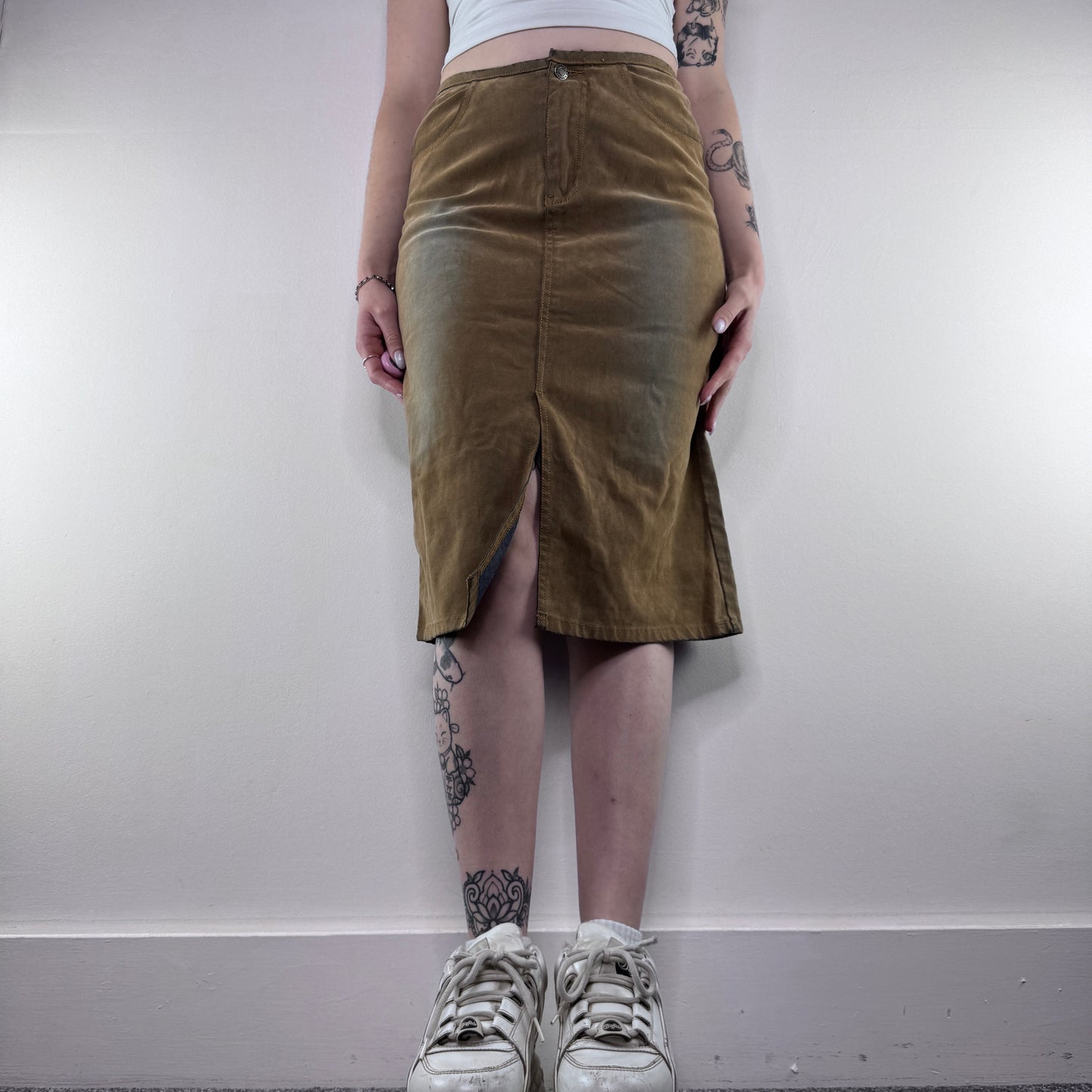 Y2K vintage faux suede faded midi skirt