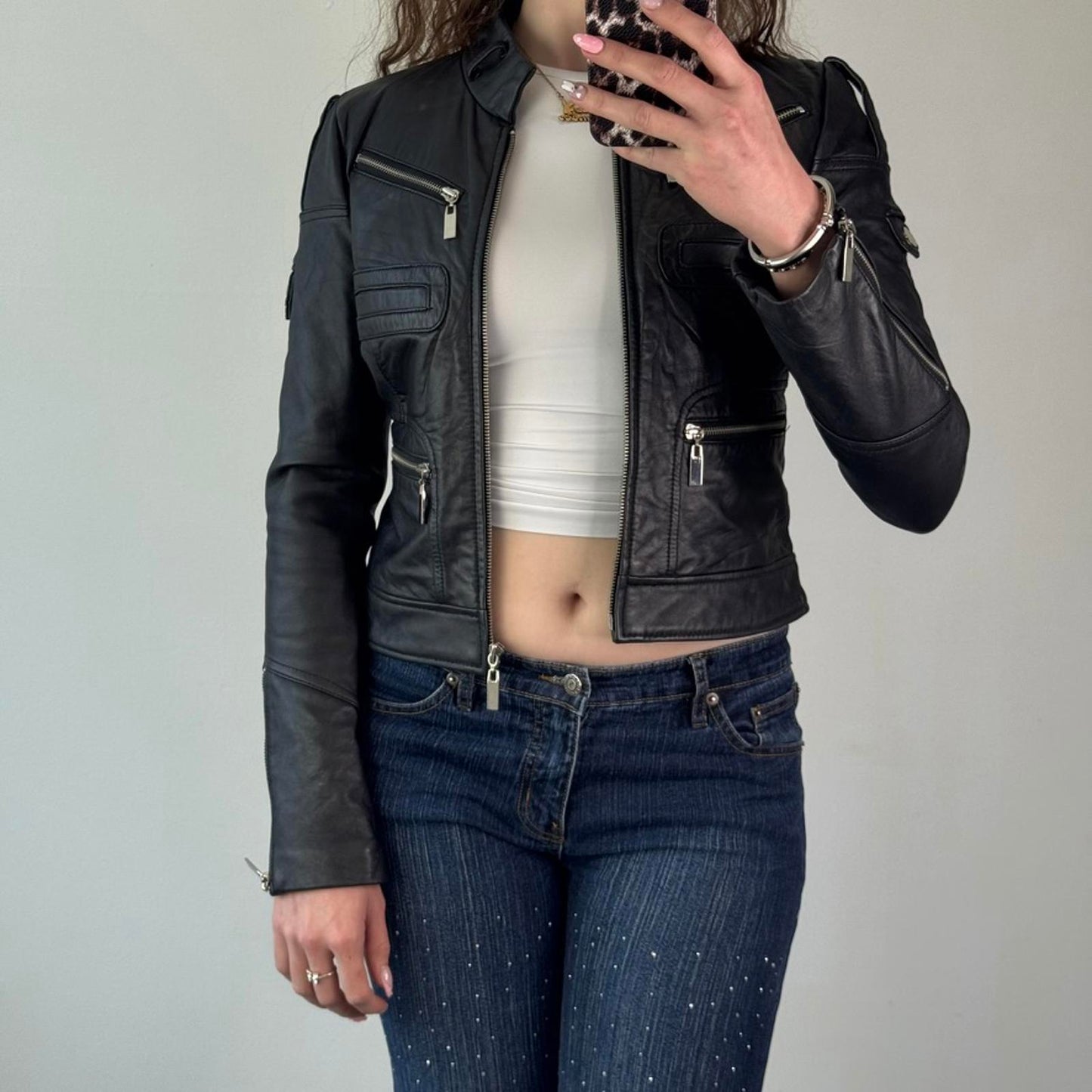 Y2K vintage Bebe faux leather biker zip up jacket fitted short length crop