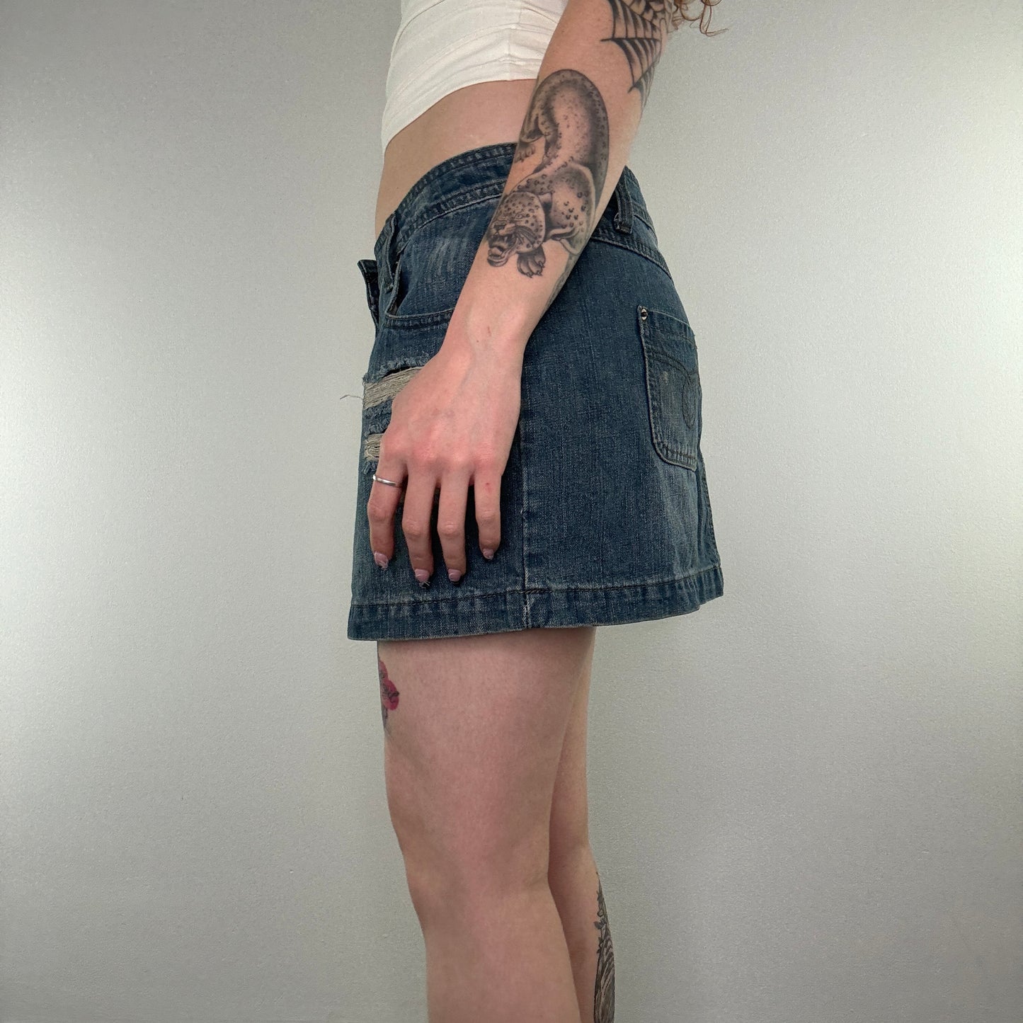 Y2K low rise ripped lace denim mini skirt