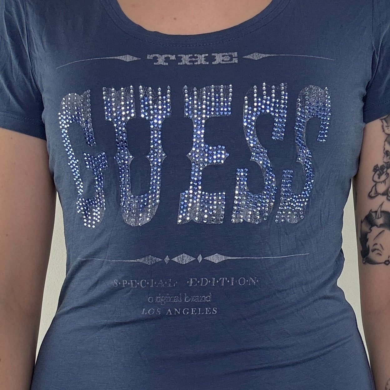Y2K vintage Guess rhinestone top graphic print text spell out western mcbling
