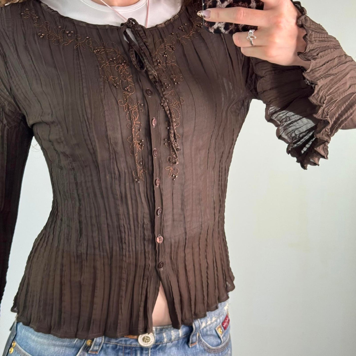Y2K vintage sheer pleated button up blouse sheer floral embroidery beaded brown