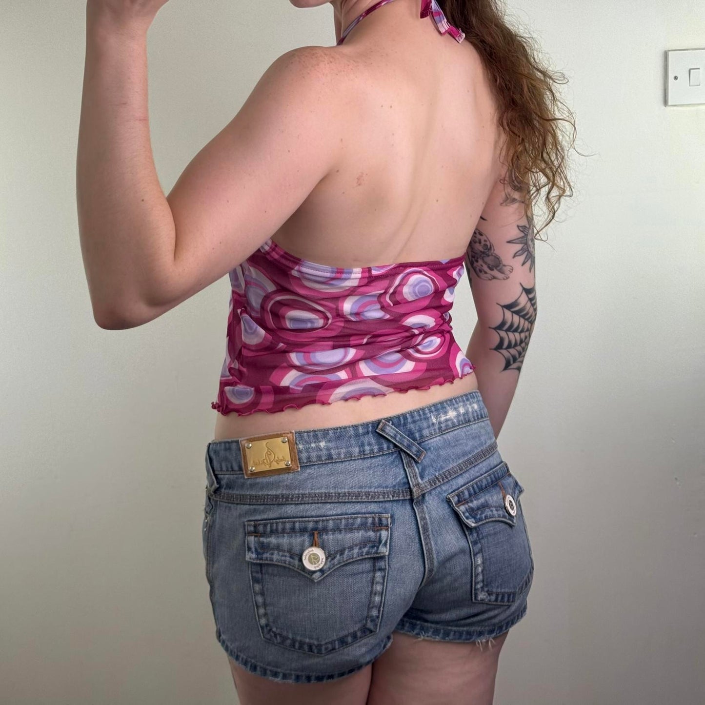 90s Y2K vintage mesh halter neck top double layer abstract circle pattern print