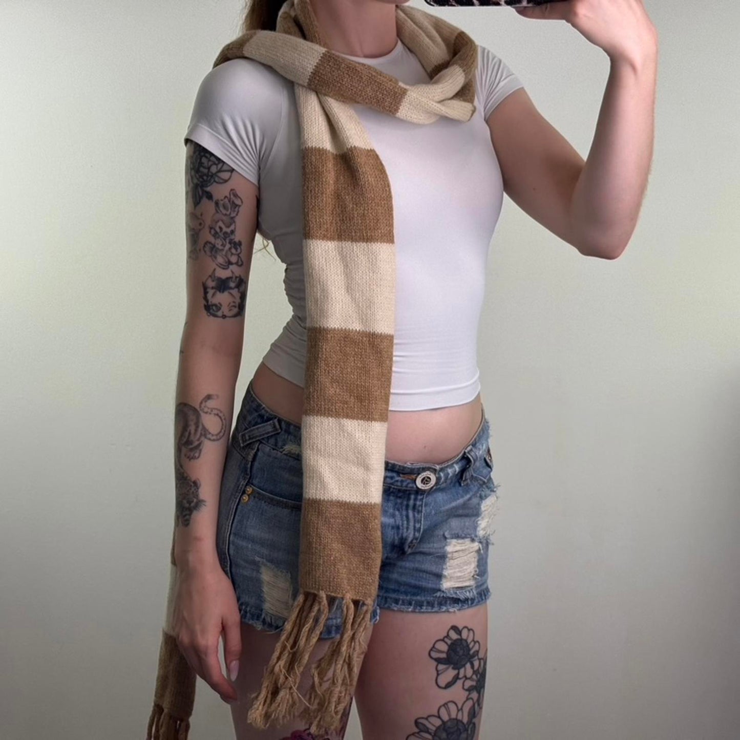 Y2K vintage wool blend stripe scarf long fringe cream light brown knitted knit