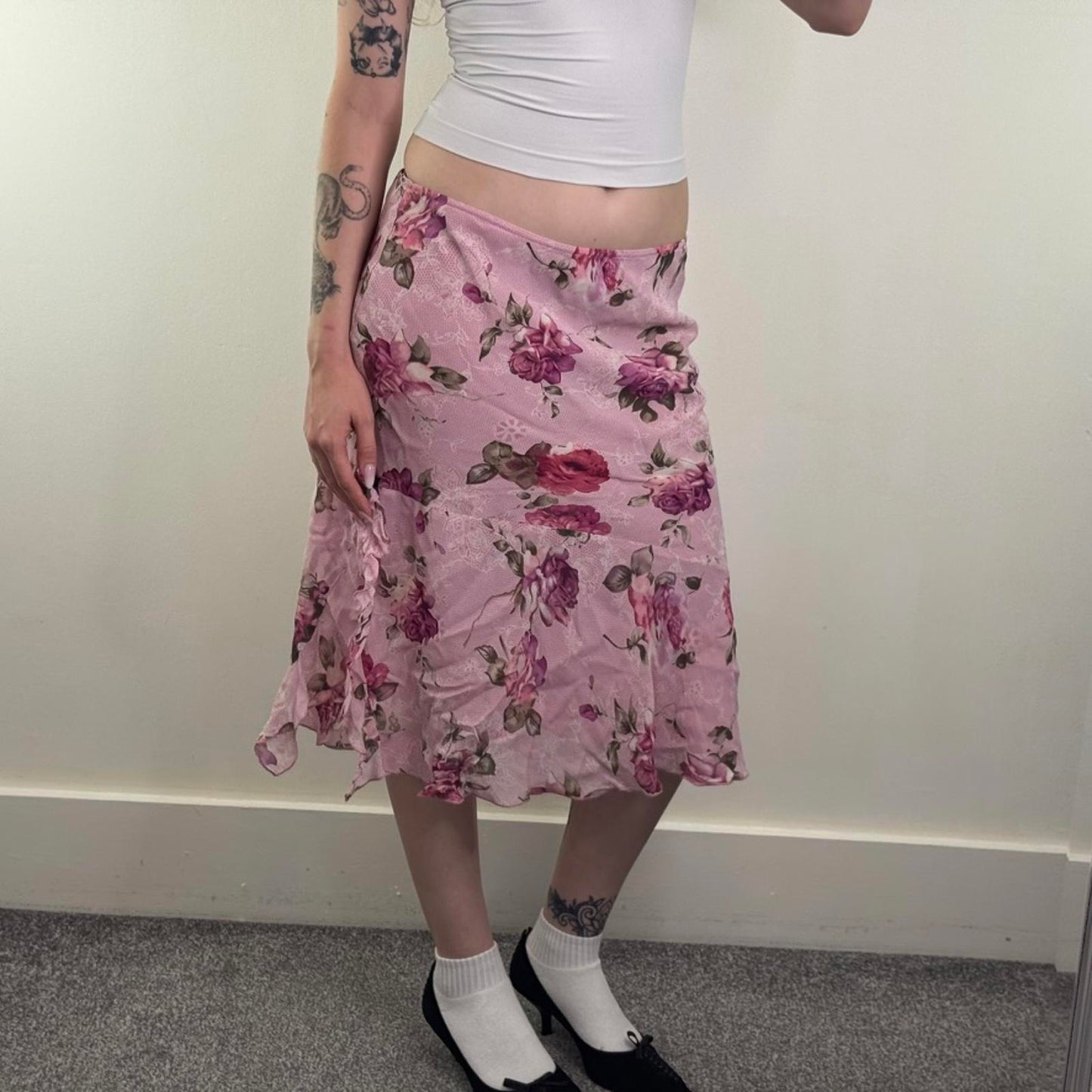 Y2K vintage Per Una floral lace pattern midi skirt frill ruffle low rise stretch