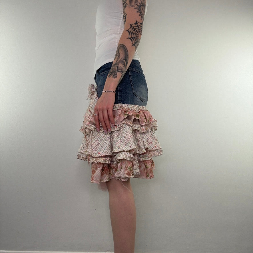 Y2K denim rara frilly rosette rose tutu midi skirt