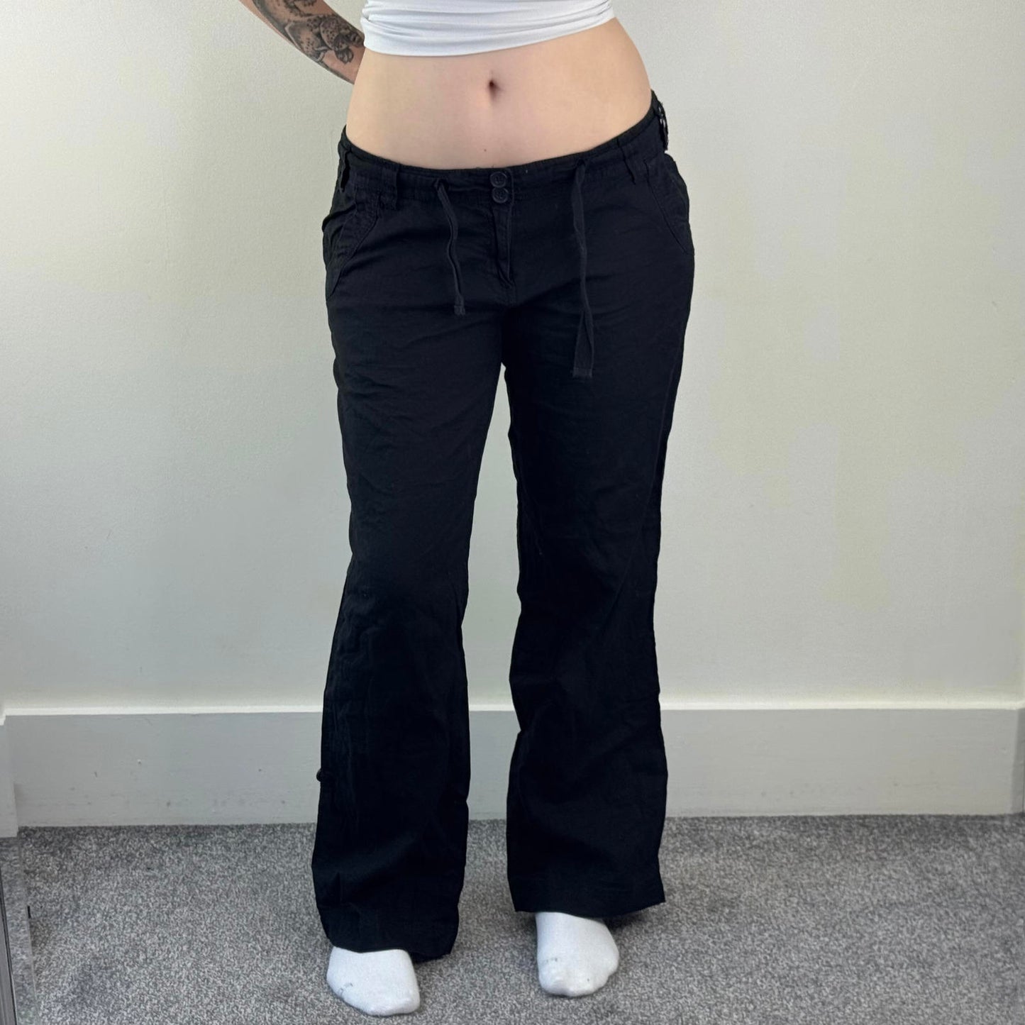 Y2K vintage linen mix low rise cargo pants baggy trousers black drawstring flare